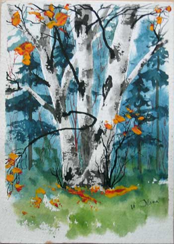 Birch Clump, 5x7", watercolor on paper, by Vi Olson